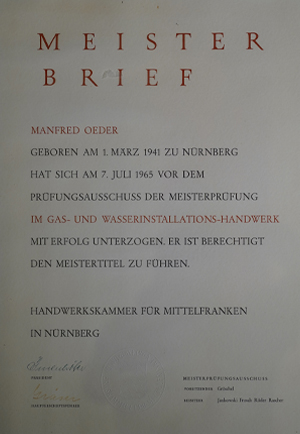 Meisterbrief von Manfred Oeder