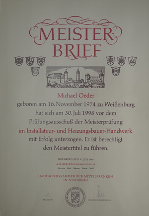 Meisterbrief von Michael Oeder